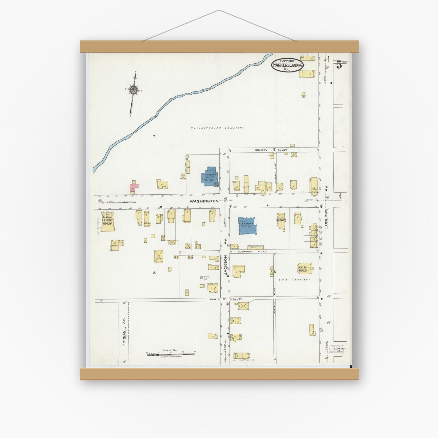 Old map wall art mockup — magnetic wood frame on white wall — Sanborn Fire Insurance Map from Parkers Landing, Armstrong County, Pennsylvania (1919), Sheet #0005