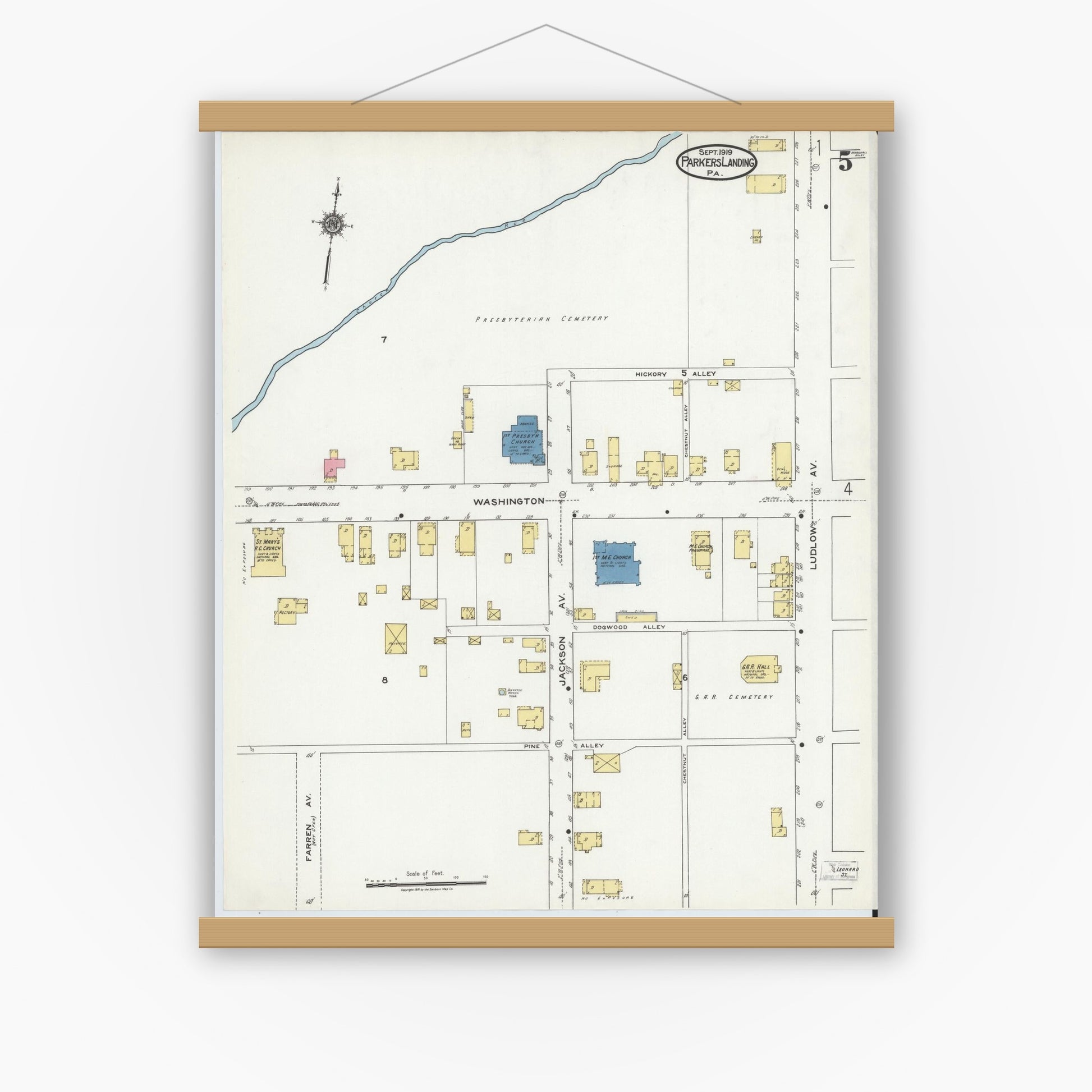 Old map wall art mockup — magnetic wood frame on white wall — Sanborn Fire Insurance Map from Parkers Landing, Armstrong County, Pennsylvania (1919), Sheet #0005