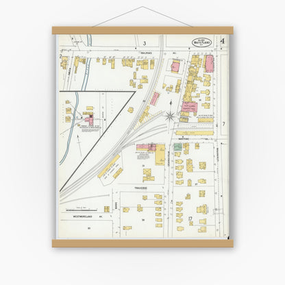 Old map wall art mockup — magnetic wood frame on white wall — Sanborn Fire Insurance Map from White Plains, Westchester County, New York (1900), Sheet #0004
