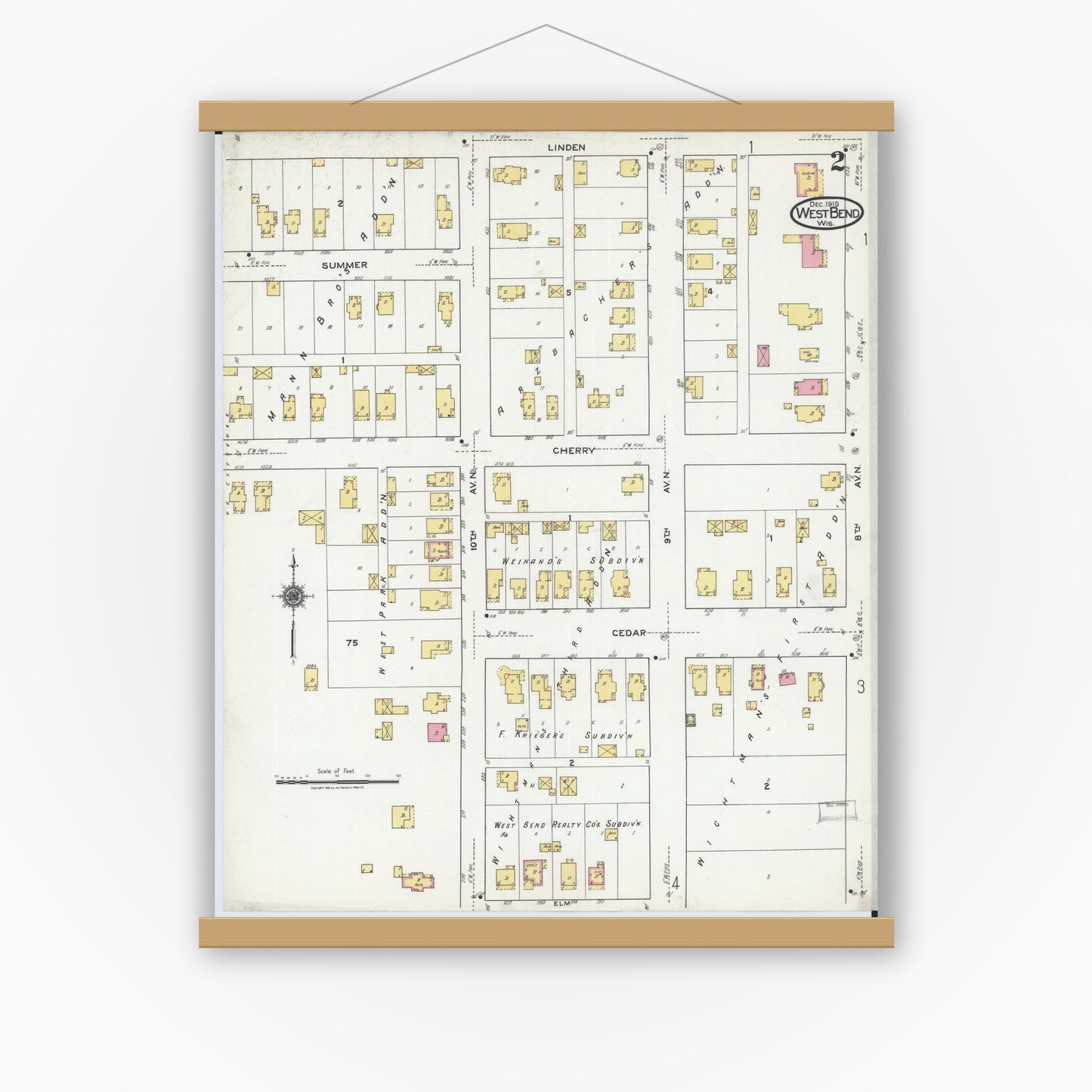 Old map wall art mockup — magnetic wood frame on white wall — Sanborn Fire Insurance Map from West Bend, Washington County, Wisconsin (1919), Sheet #0002