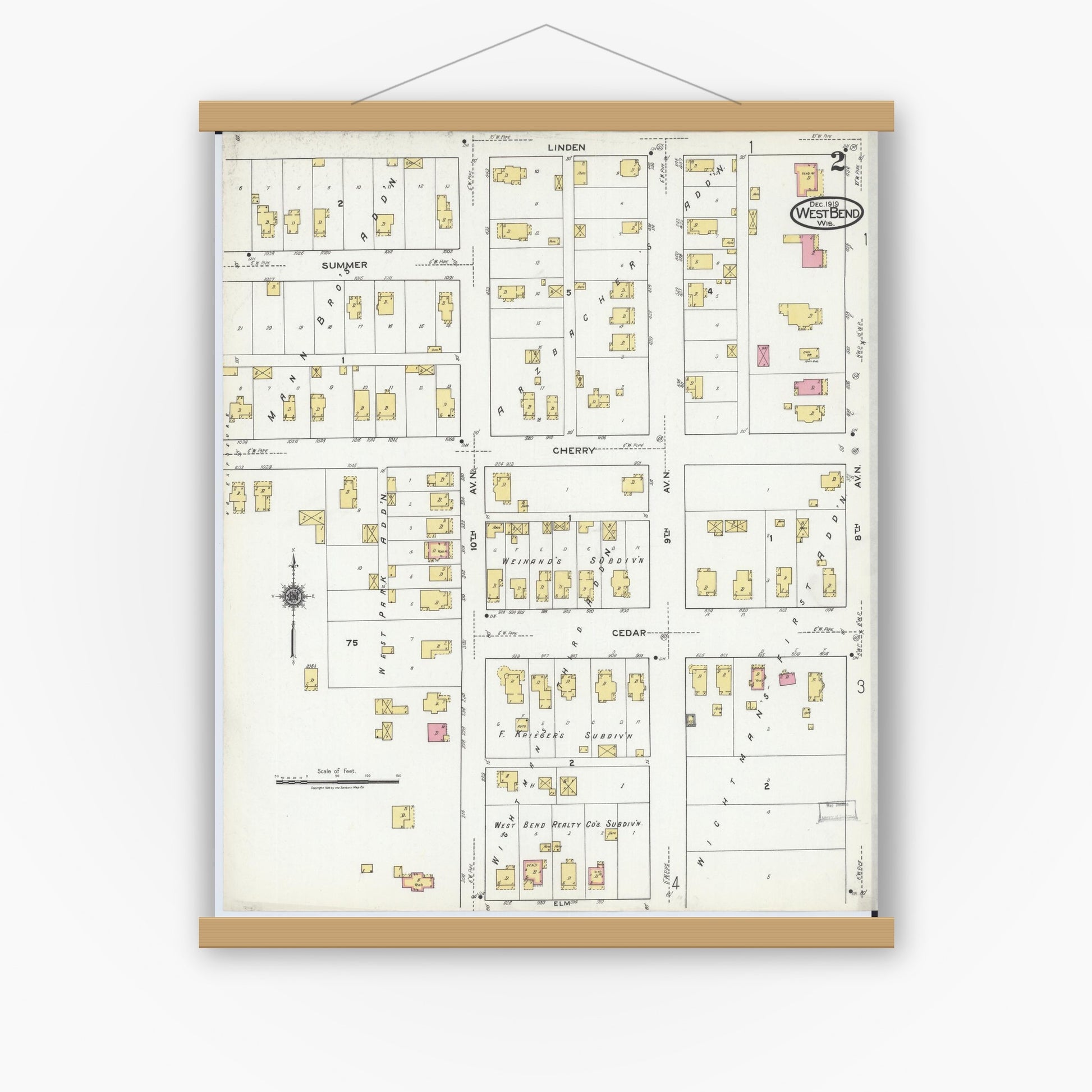 Old map wall art mockup — magnetic wood frame on white wall — Sanborn Fire Insurance Map from West Bend, Washington County, Wisconsin (1919), Sheet #0002