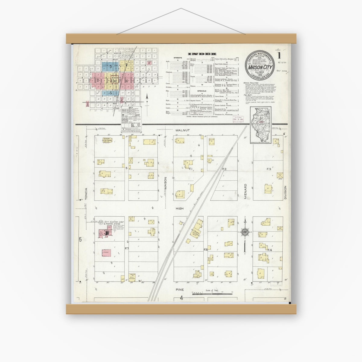 Old map wall art mockup — magnetic wood frame on white wall — Sanborn Fire Insurance Map from Mason City, Mason County, Illinois (1914), Sheet #0001