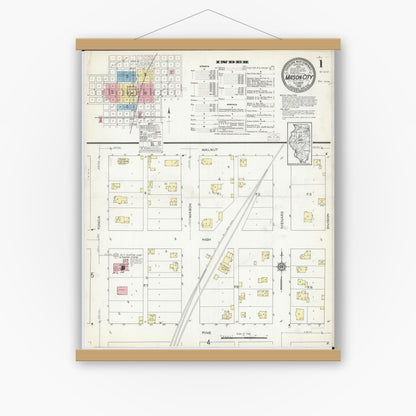 Old map wall art mockup — magnetic wood frame on white wall — Sanborn Fire Insurance Map from Mason City, Mason County, Illinois (1914), Sheet #0001