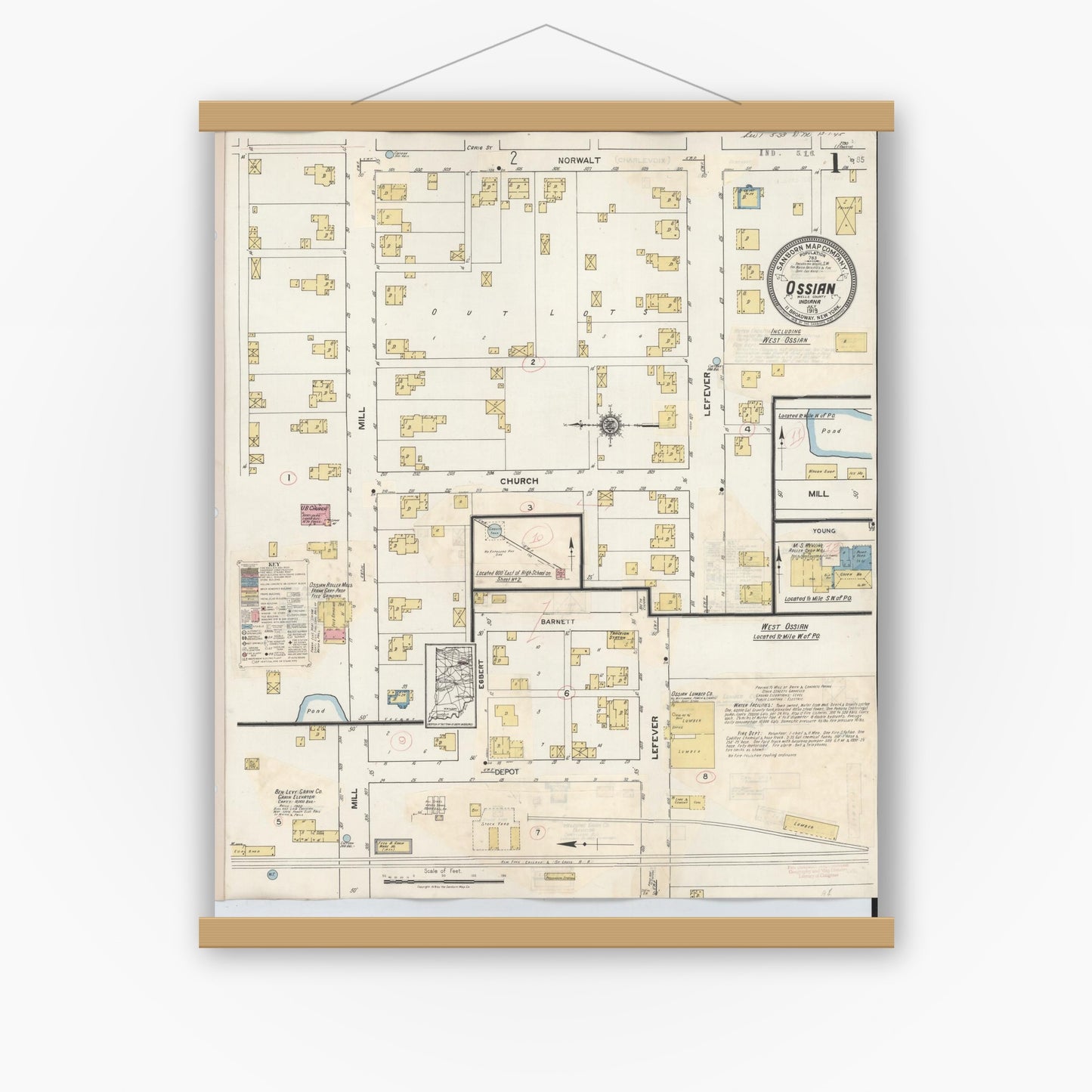 Old map wall art mockup — magnetic wood frame on white wall — Sanborn Fire Insurance Map from Ossian, Wells County, Indiana (1933) - Complete Map Set