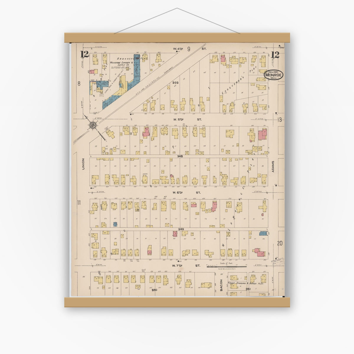Old map wall art mockup — magnetic wood frame on white wall — Sanborn Fire Insurance Map from Monroe, Monroe County, Michigan (1922), Sheet #0012