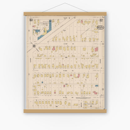 Old map wall art mockup — magnetic wood frame on white wall — Sanborn Fire Insurance Map from Monroe, Monroe County, Michigan (1922), Sheet #0012