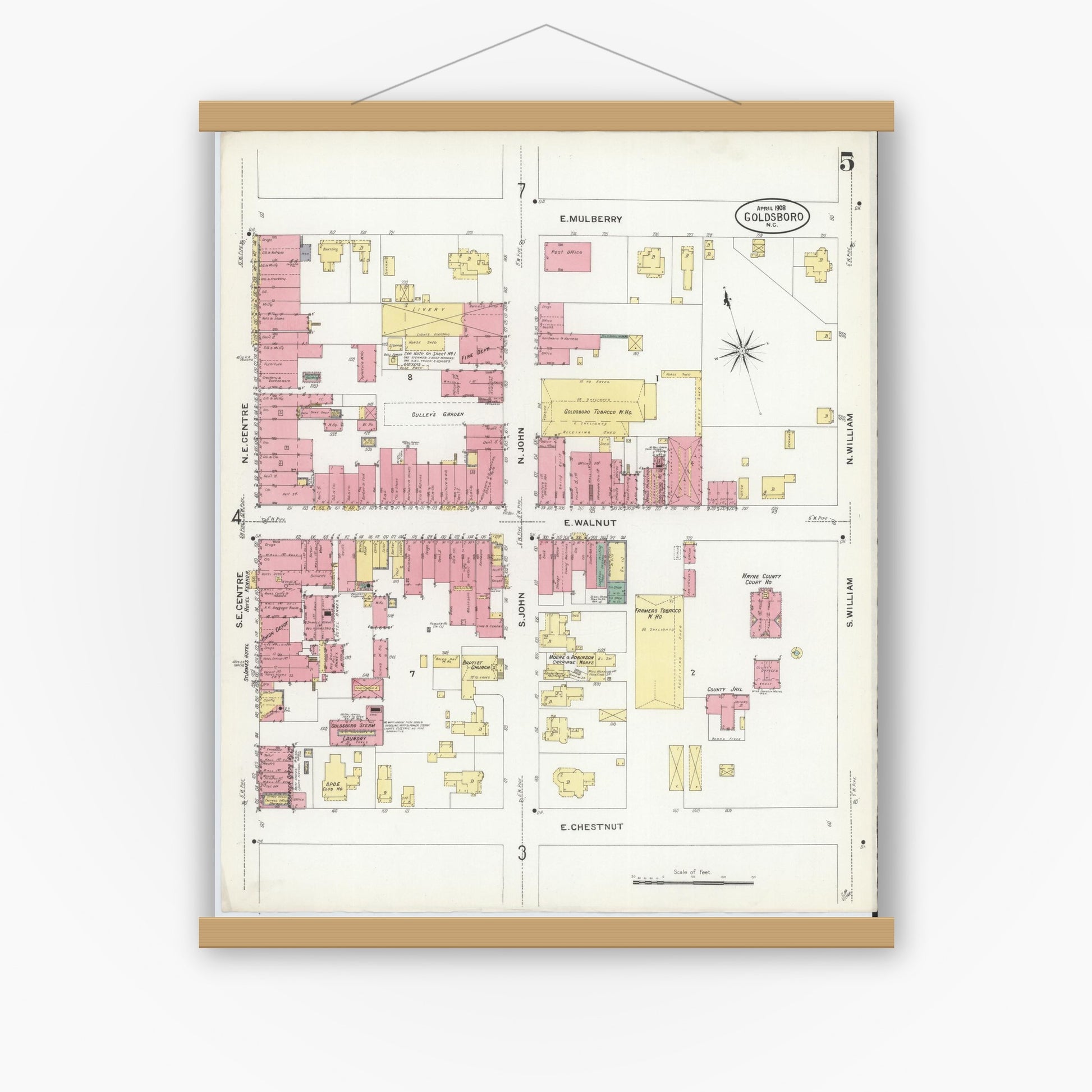 Old map wall art mockup — magnetic wood frame on white wall — Sanborn Fire Insurance Map from Goldsboro, Wayne County, North Carolina (1908), Sheet #0005