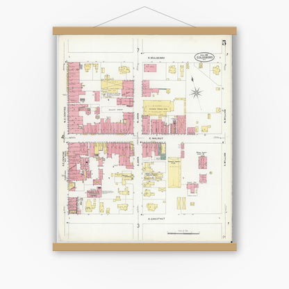 Old map wall art mockup — magnetic wood frame on white wall — Sanborn Fire Insurance Map from Goldsboro, Wayne County, North Carolina (1908), Sheet #0005