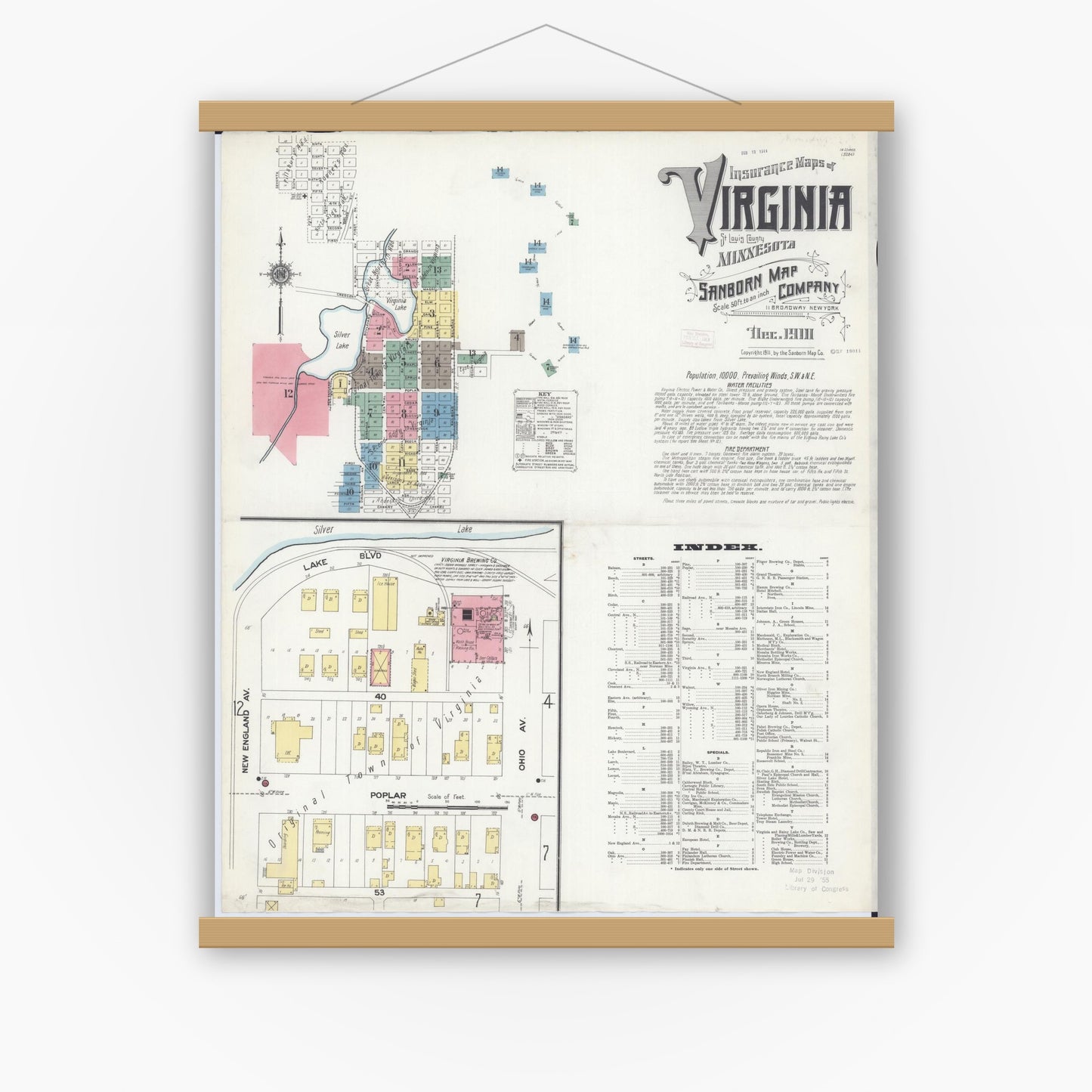 Old map wall art mockup — magnetic wood frame on white wall — Sanborn Fire Insurance Map from Virginia, Saint Louis County, Minnesota (1910) - Complete Map Set