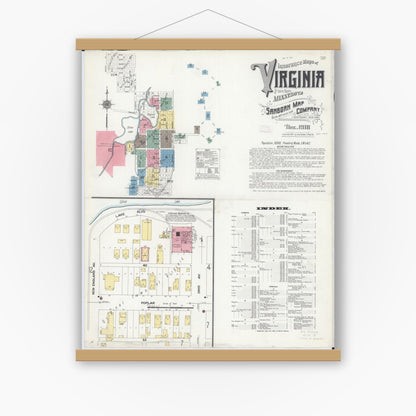 Old map wall art mockup — magnetic wood frame on white wall — Sanborn Fire Insurance Map from Virginia, Saint Louis County, Minnesota (1910) - Complete Map Set