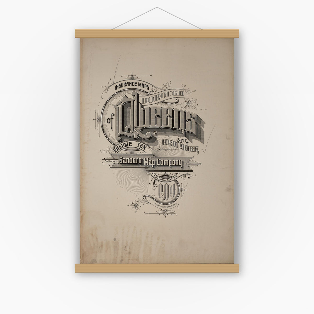 Old map wall art mockup — magnetic wood frame on white wall — Sanborn Fire Insurance Map from Queens, Queens County, New York (1915), Sheet #0001