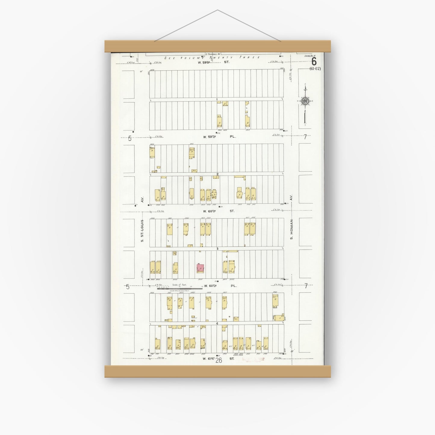 Old map wall art mockup — magnetic wood frame on white wall — Sanborn Fire Insurance Map from Chicago, Cook County, Illinois (1920), Sheet #0006
