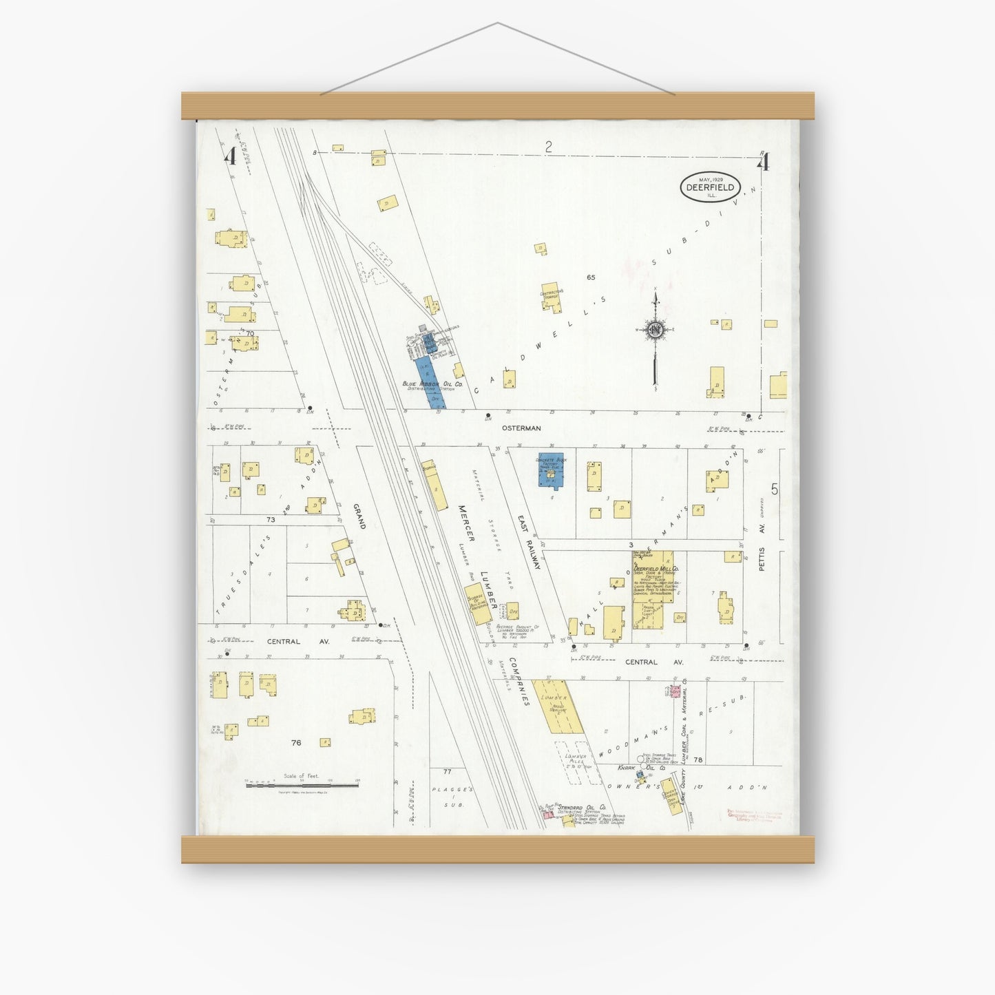 Old map wall art mockup — magnetic wood frame on white wall — Sanborn Fire Insurance Map from Deerfield, Lake County, Illinois (1929), Sheet #0004
