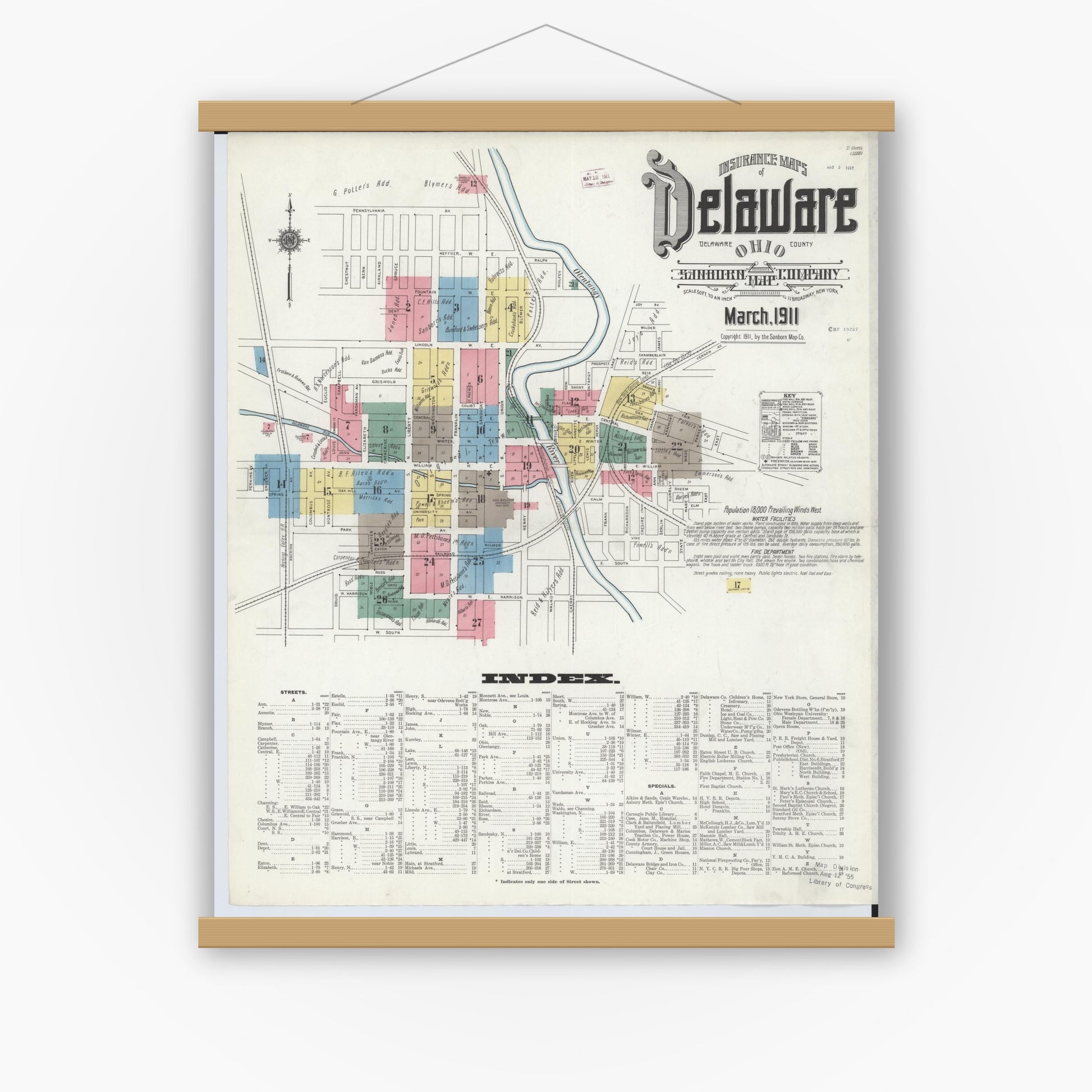 Old map wall art mockup — magnetic wood frame on white wall — Sanborn Fire Insurance Map from Delaware, Delaware County, Ohio (1911), Sheet #0001