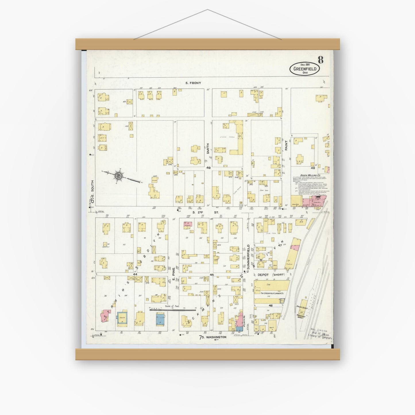 Old map wall art mockup — magnetic wood frame on white wall — Sanborn Fire Insurance Map from Greenfield, Highland County, Ohio (1910), Sheet #0008