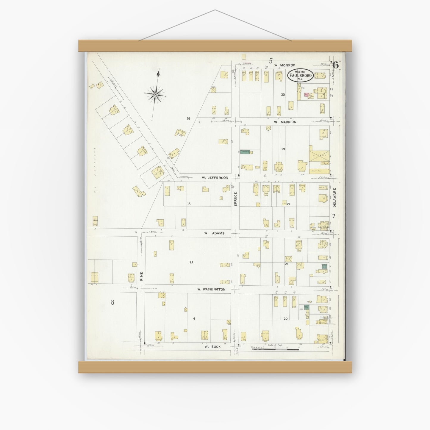 Old map wall art mockup — magnetic wood frame on white wall — Sanborn Fire Insurance Map from Paulsboro, Gloucester County, New Jersey (1909), Sheet #0006