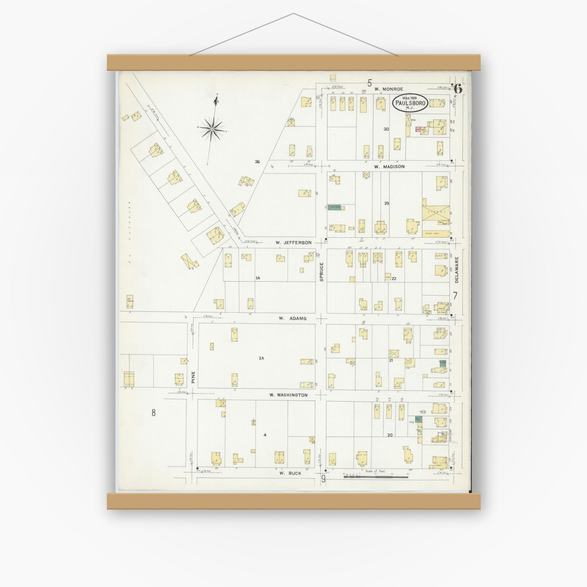 Old map wall art mockup — magnetic wood frame on white wall — Sanborn Fire Insurance Map from Paulsboro, Gloucester County, New Jersey (1909), Sheet #0006