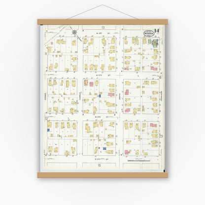 Old map wall art mockup — magnetic wood frame on white wall — Sanborn Fire Insurance Map from Monroe, Monroe County, Michigan (1916), Sheet #0014