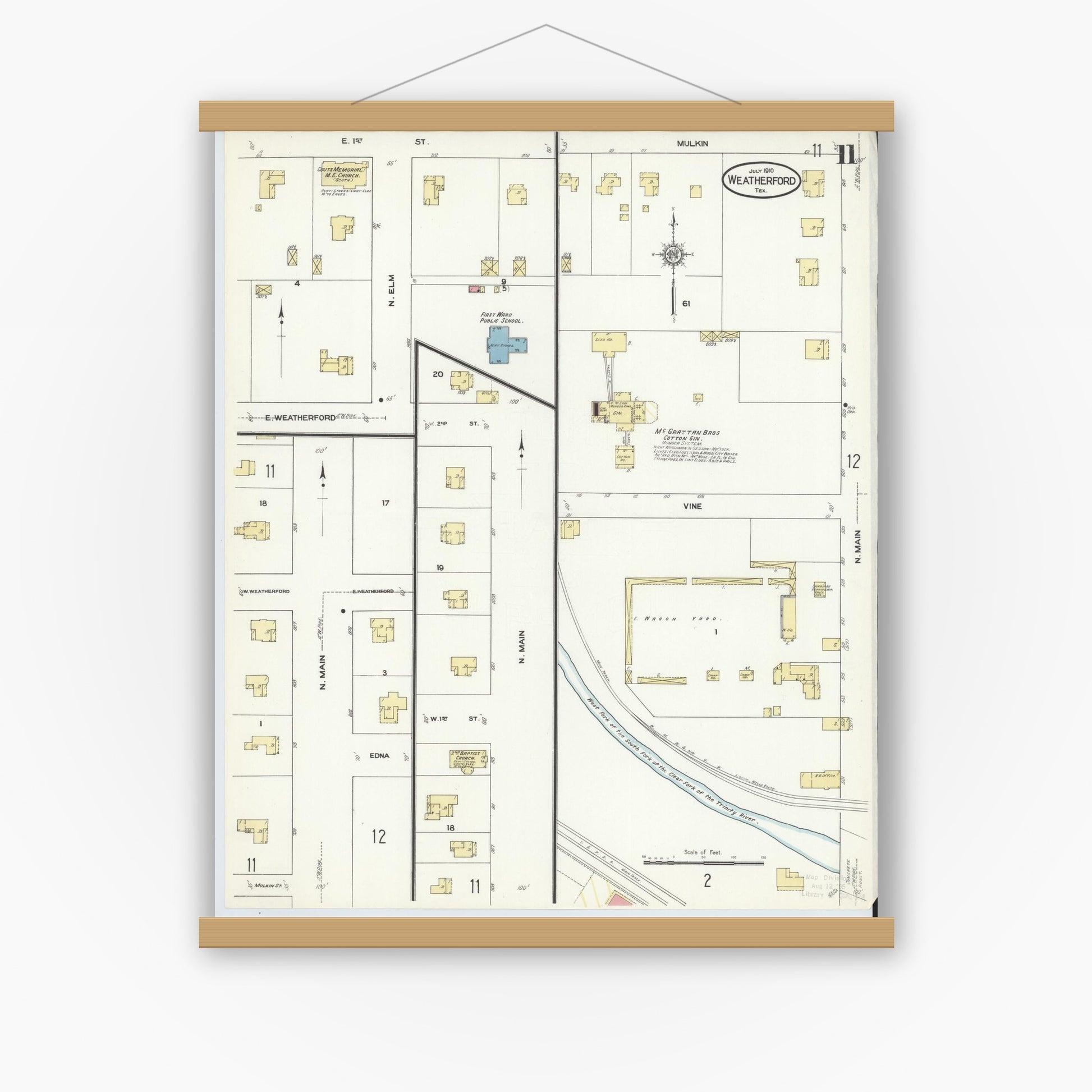 Old map wall art mockup — magnetic wood frame on white wall — Sanborn Fire Insurance Map from Weatherford, Parker County, Texas (1910), Sheet #0011