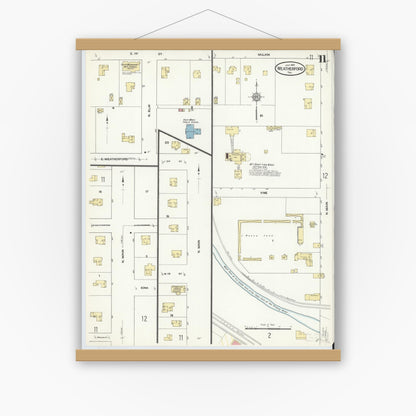 Old map wall art mockup — magnetic wood frame on white wall — Sanborn Fire Insurance Map from Weatherford, Parker County, Texas (1910), Sheet #0011
