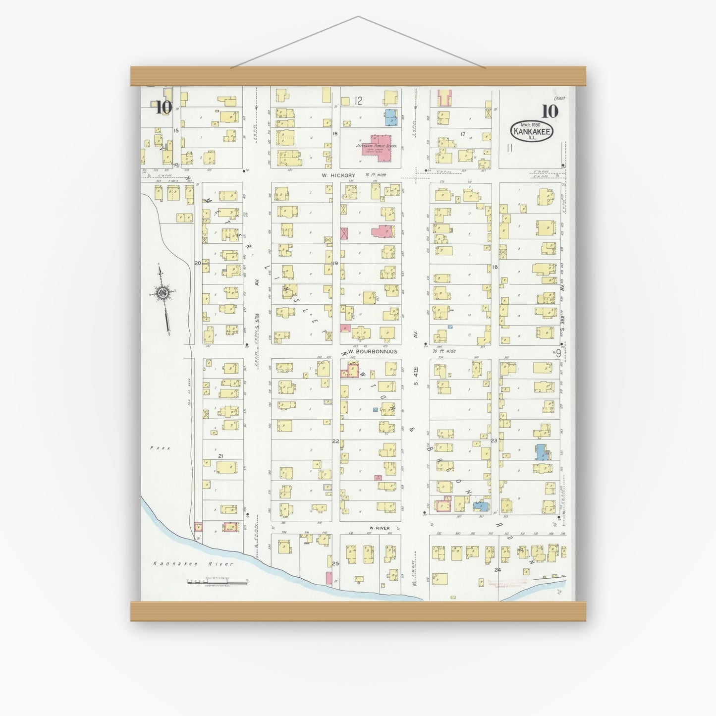 Old map wall art mockup — magnetic wood frame on white wall — Sanborn Fire Insurance Map from Kankakee, Kankakee County, Illinois (1930), Sheet #0010