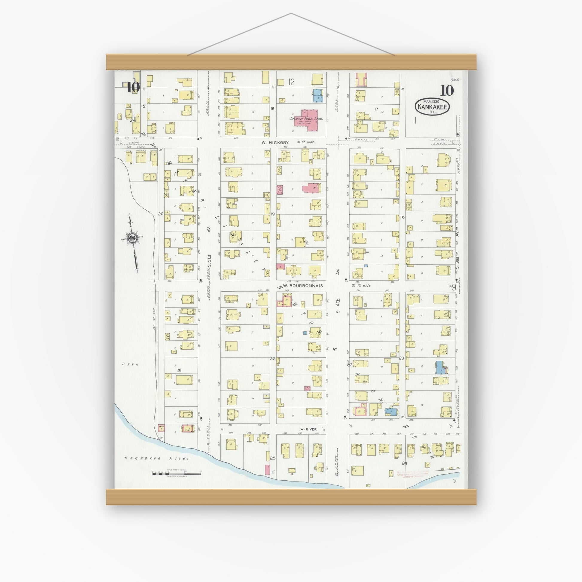 Old map wall art mockup — magnetic wood frame on white wall — Sanborn Fire Insurance Map from Kankakee, Kankakee County, Illinois (1930), Sheet #0010