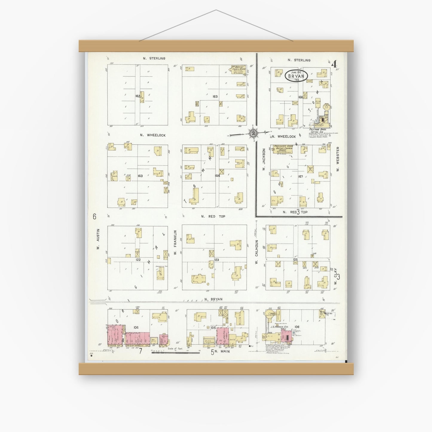Old map wall art mockup — magnetic wood frame on white wall — Sanborn Fire Insurance Map from Bryan, Brazos County, Texas (1912), Sheet #0004