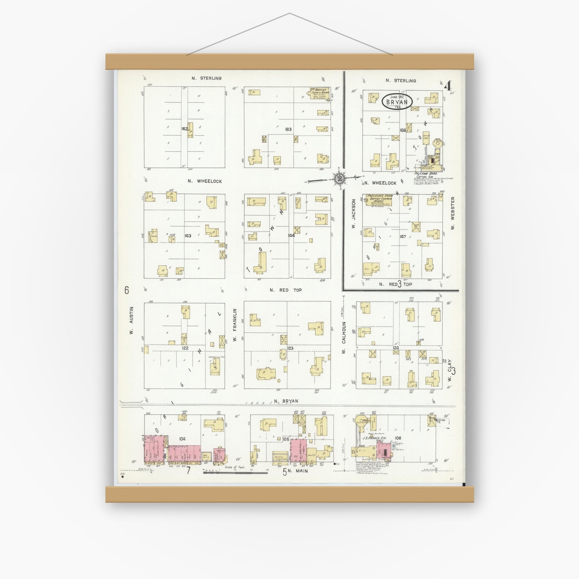 Old map wall art mockup — magnetic wood frame on white wall — Sanborn Fire Insurance Map from Bryan, Brazos County, Texas (1912), Sheet #0004