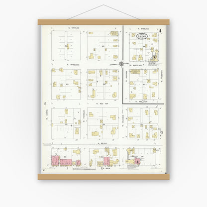 Old map wall art mockup — magnetic wood frame on white wall — Sanborn Fire Insurance Map from Bryan, Brazos County, Texas (1912), Sheet #0004