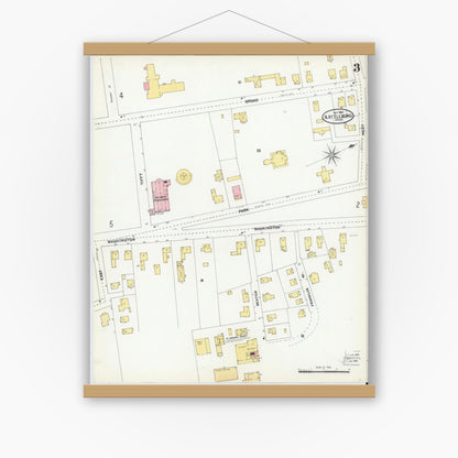 Old map wall art mockup — magnetic wood frame on white wall — Sanborn Fire Insurance Map from North Attleborough, Bristol County, Massachusetts (1904), Sheet #0003