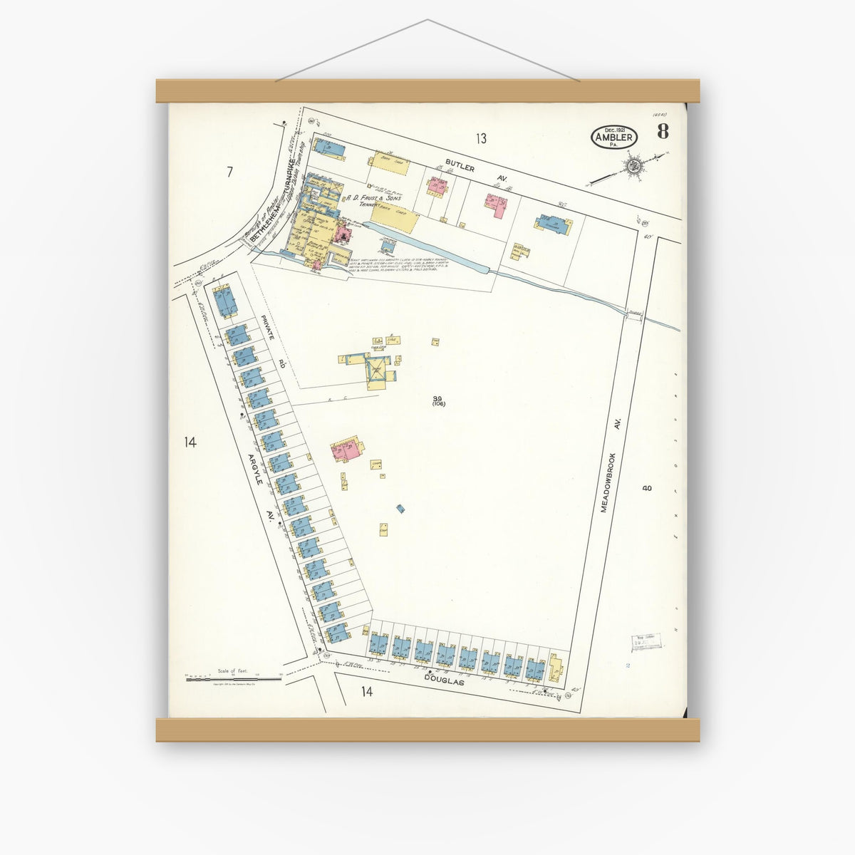 Old map wall art mockup — magnetic wood frame on white wall — Sanborn Fire Insurance Map from Ambler, Montgomery County, Pennsylvania (1921), Sheet #0008