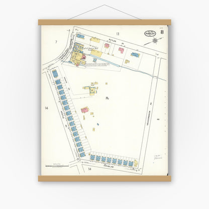 Old map wall art mockup — magnetic wood frame on white wall — Sanborn Fire Insurance Map from Ambler, Montgomery County, Pennsylvania (1921), Sheet #0008