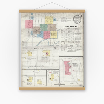 Old map wall art mockup — magnetic wood frame on white wall — Sanborn Fire Insurance Map from Rushville, Rush County, Indiana (1896) - Complete Map Set