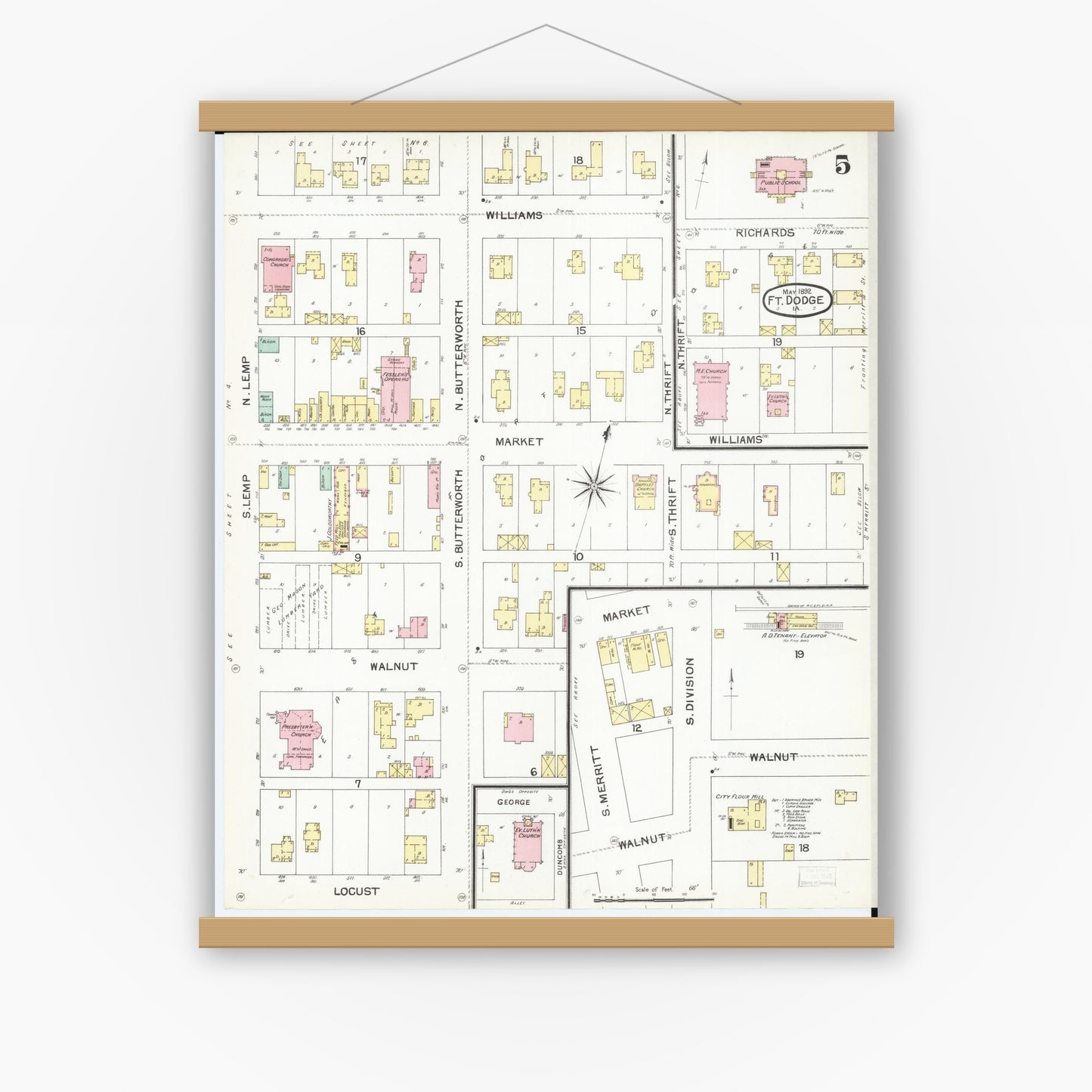 Old map wall art mockup — magnetic wood frame on white wall — Sanborn Fire Insurance Map from Fort Dodge, Webster County, Iowa (1892), Sheet #0005