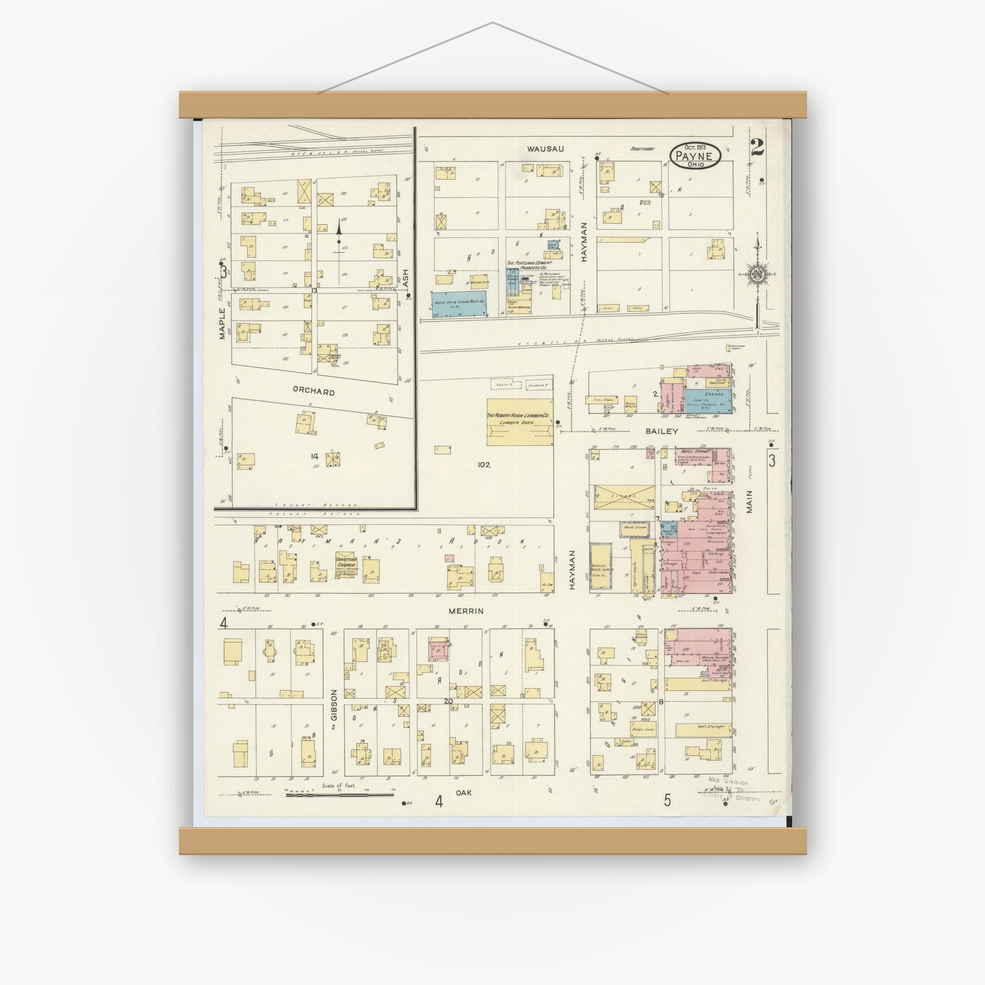 Old map wall art mockup — magnetic wood frame on white wall — Sanborn Fire Insurance Map from Payne, Paulding County, Ohio (1913), Sheet #0002