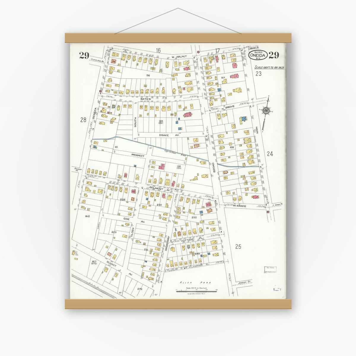Old map wall art mockup — magnetic wood frame on white wall — Sanborn Fire Insurance Map from Oneida, Madison County, New York (1923), Sheet #0029