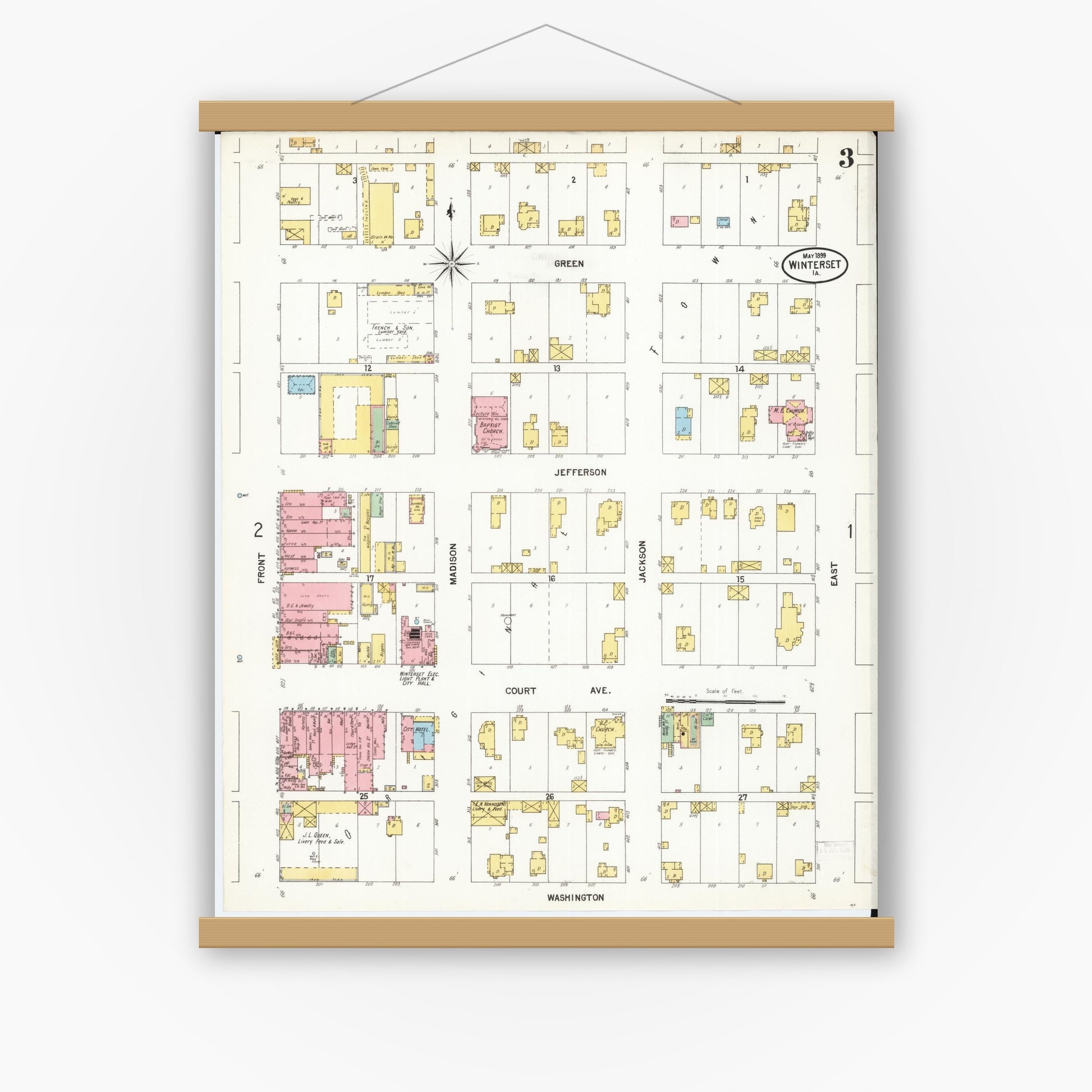 Old map wall art mockup — magnetic wood frame on white wall — Sanborn Fire Insurance Map from Winterset, Madison County, Iowa (1899), Sheet #0003