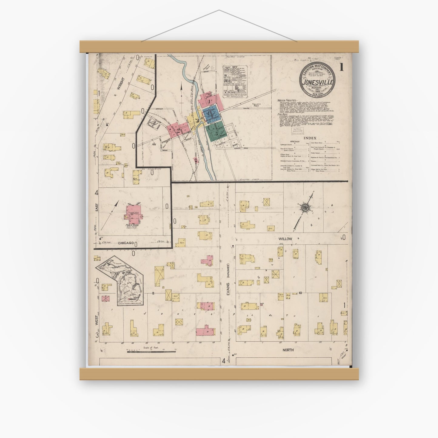 Old map wall art mockup — magnetic wood frame on white wall — Sanborn Fire Insurance Map from Jonesville, Hillsdale County, Michigan (1922) - Complete Map Set