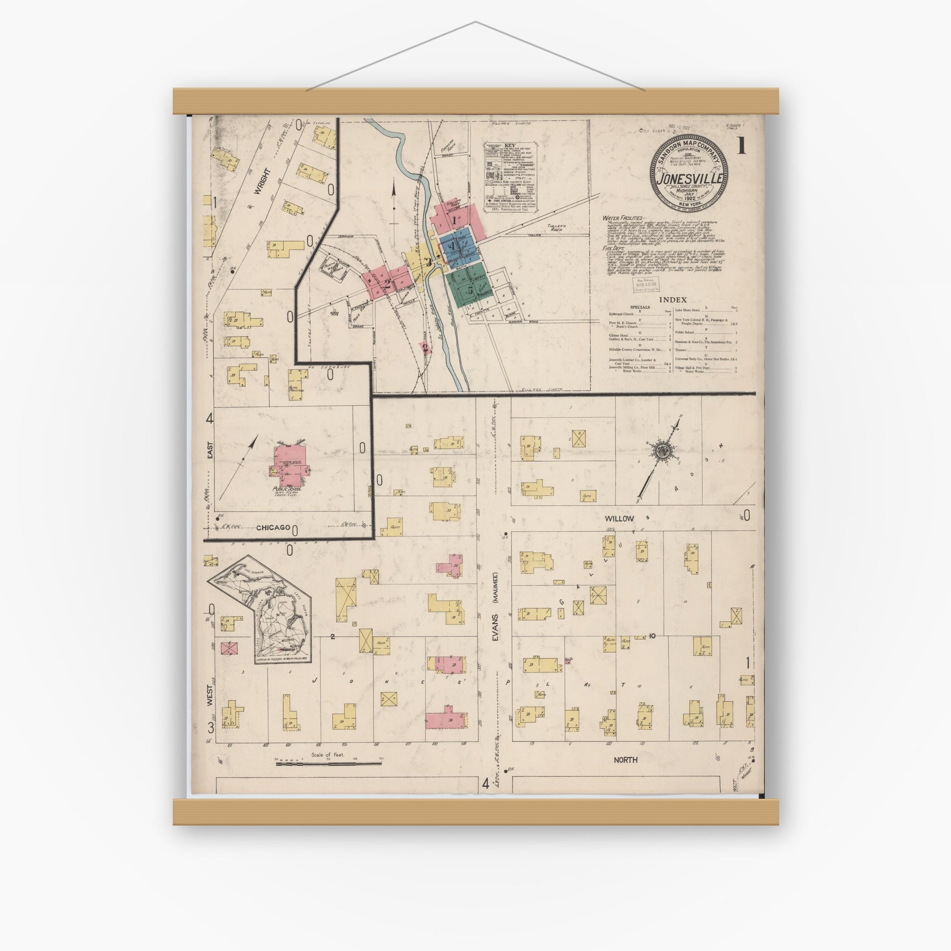 Old map wall art mockup — magnetic wood frame on white wall — Sanborn Fire Insurance Map from Jonesville, Hillsdale County, Michigan (1922) - Complete Map Set