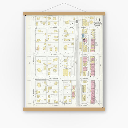 Old map wall art mockup — magnetic wood frame on white wall — Sanborn Fire Insurance Map from Morrison, Whiteside County, Illinois (1912), Sheet #0004