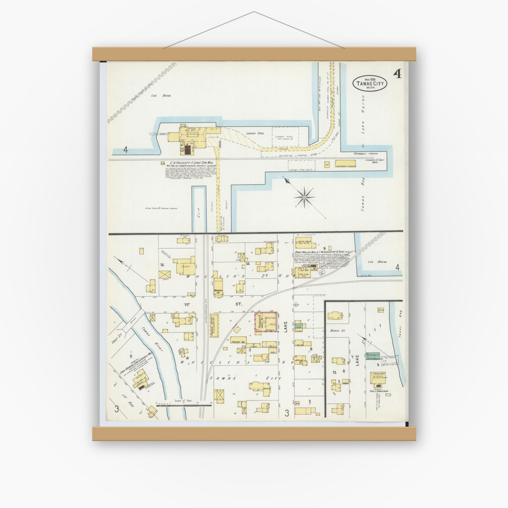 Old map wall art mockup — magnetic wood frame on white wall — Sanborn Fire Insurance Map from Tawas City, Iosco County, Michigan (1898), Sheet #0004