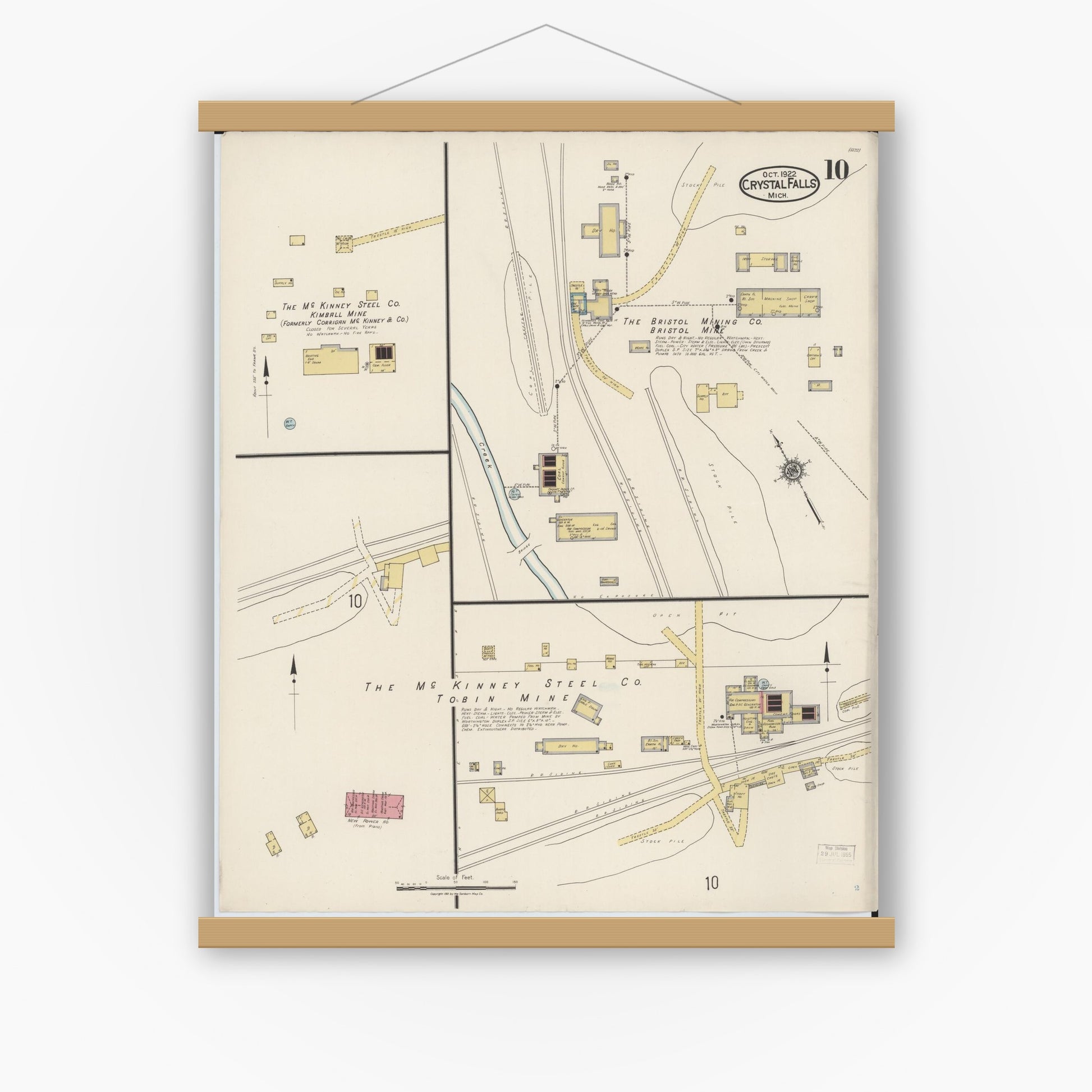 Old map wall art mockup — magnetic wood frame on white wall — Sanborn Fire Insurance Map from Crystal Falls, Iron County, Michigan (1922), Sheet #0010
