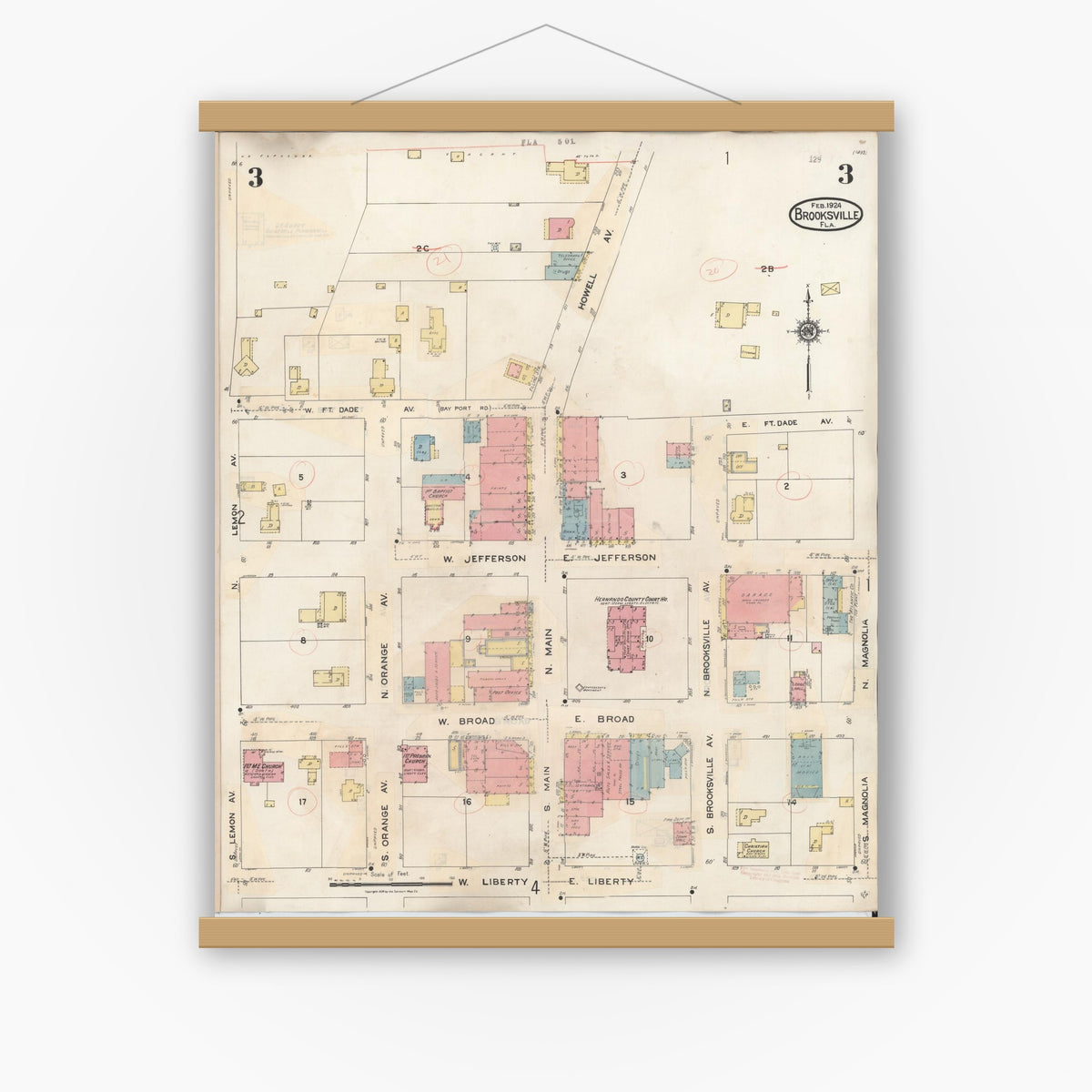 Old map wall art mockup — magnetic wood frame on white wall — Sanborn Fire Insurance Map from Brooksville, Hernando County, Florida (1945), Sheet #0003