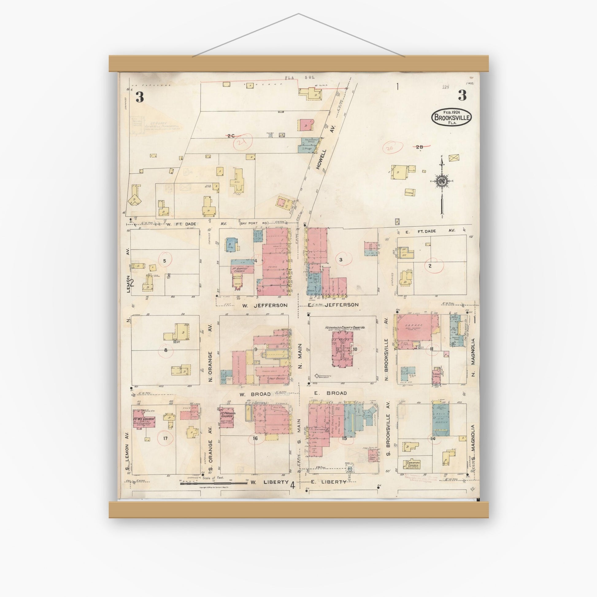 Old map wall art mockup — magnetic wood frame on white wall — Sanborn Fire Insurance Map from Brooksville, Hernando County, Florida (1945), Sheet #0003