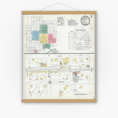 Old map wall art mockup — magnetic wood frame on white wall — Sanborn Fire Insurance Map from Rochelle, Ogle County, Illinois (1899), Sheet #0001