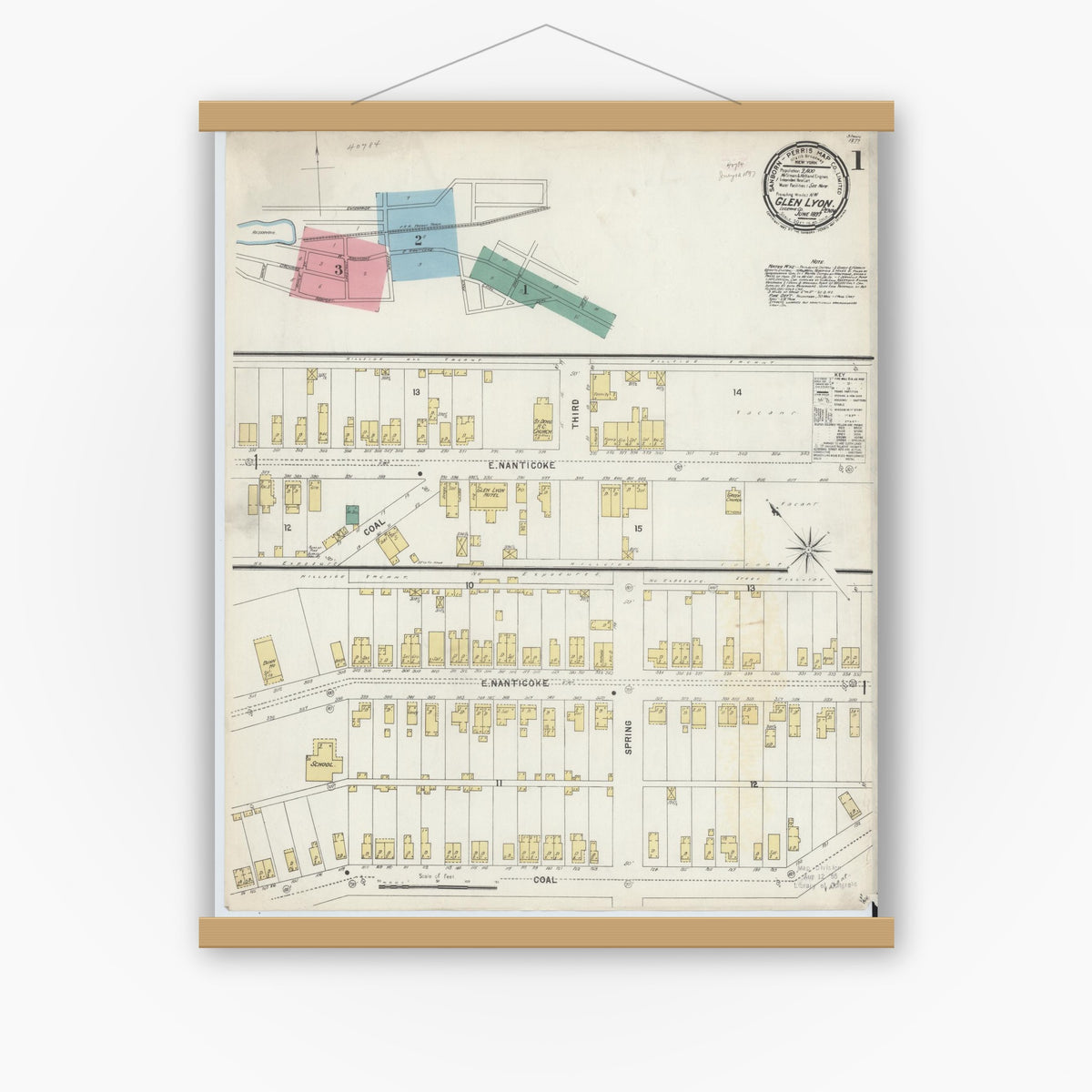 Old map wall art mockup — magnetic wood frame on white wall — Sanborn Fire Insurance Map from Glen Lyon, Luzerne County, Pennsylvania (1897) - Complete Map Set