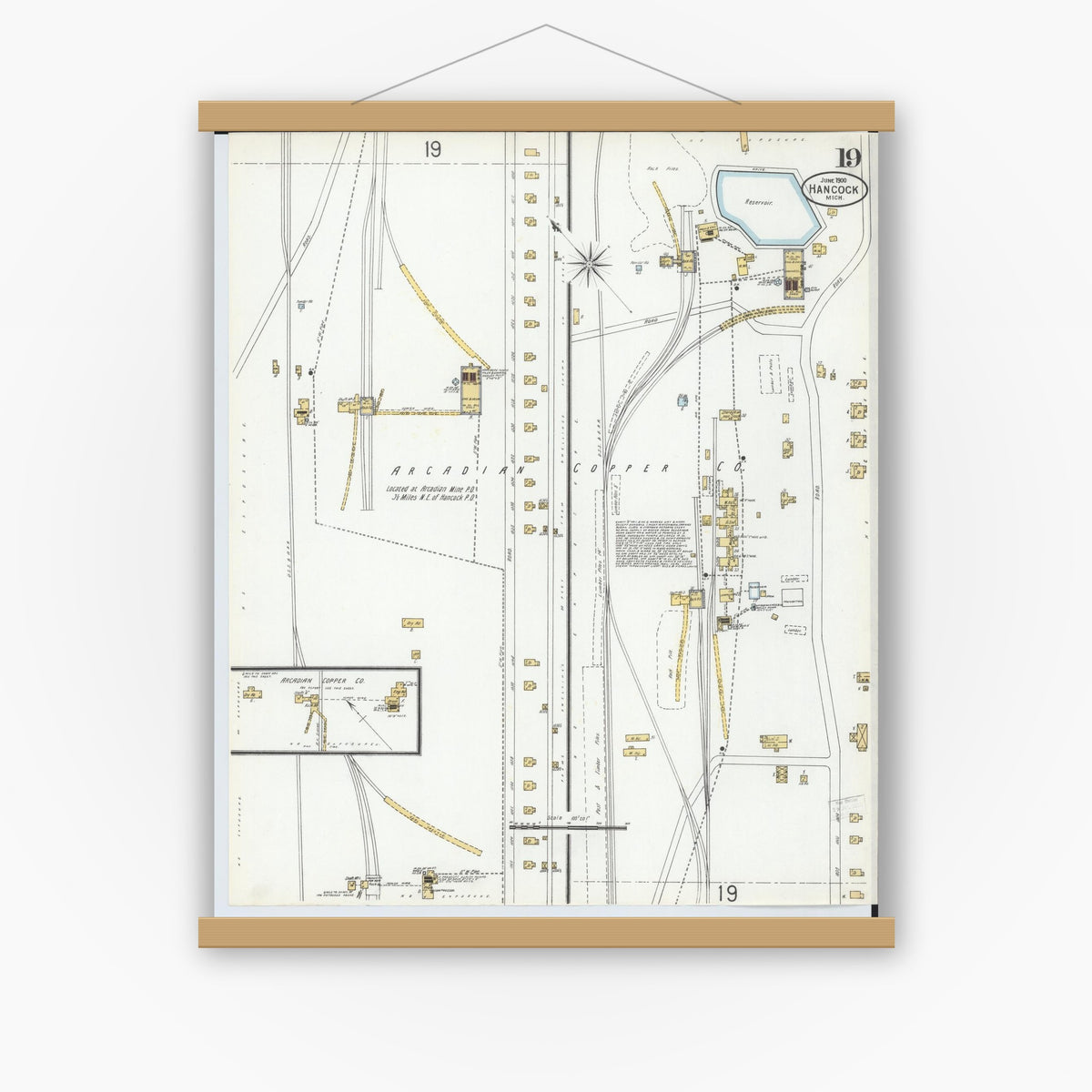 Old map wall art mockup — magnetic wood frame on white wall — Sanborn Fire Insurance Map from Houghton, Houghton County, Michigan (1900), Sheet #0019