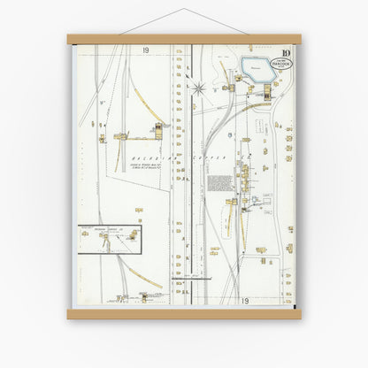 Old map wall art mockup — magnetic wood frame on white wall — Sanborn Fire Insurance Map from Houghton, Houghton County, Michigan (1900), Sheet #0019