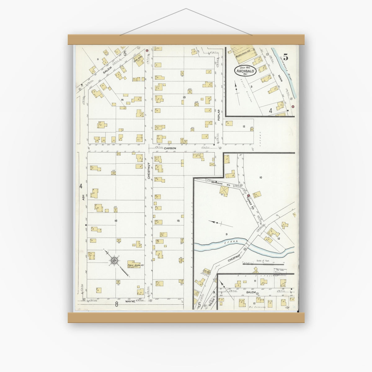 Old map wall art mockup — magnetic wood frame on white wall — Sanborn Fire Insurance Map from Archbald, Lackawanna County, Pennsylvania (1912), Sheet #0005