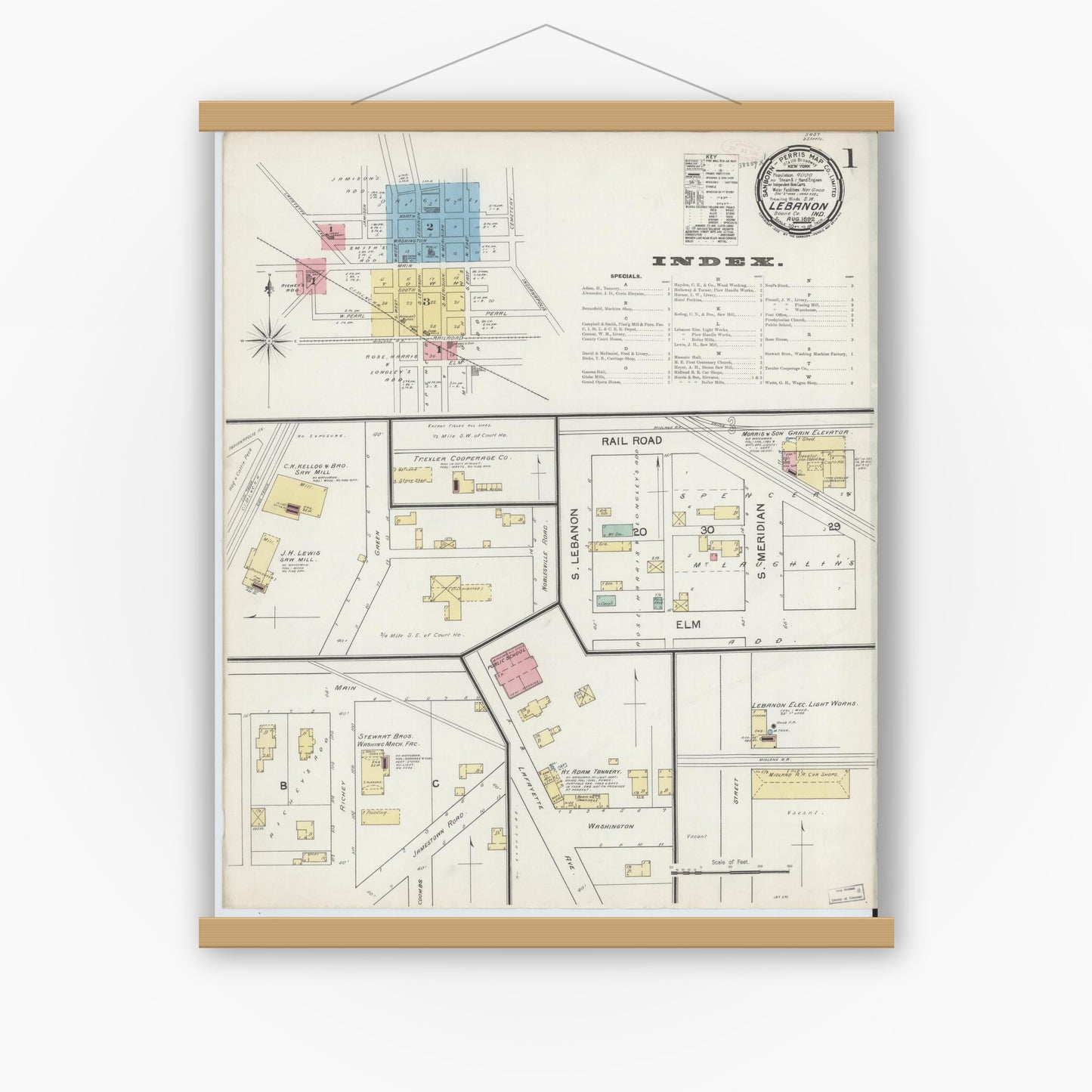 Old map wall art mockup — magnetic wood frame on white wall — Sanborn Fire Insurance Map from Lebanon, Boone County, Indiana (1892) - Complete Map Set